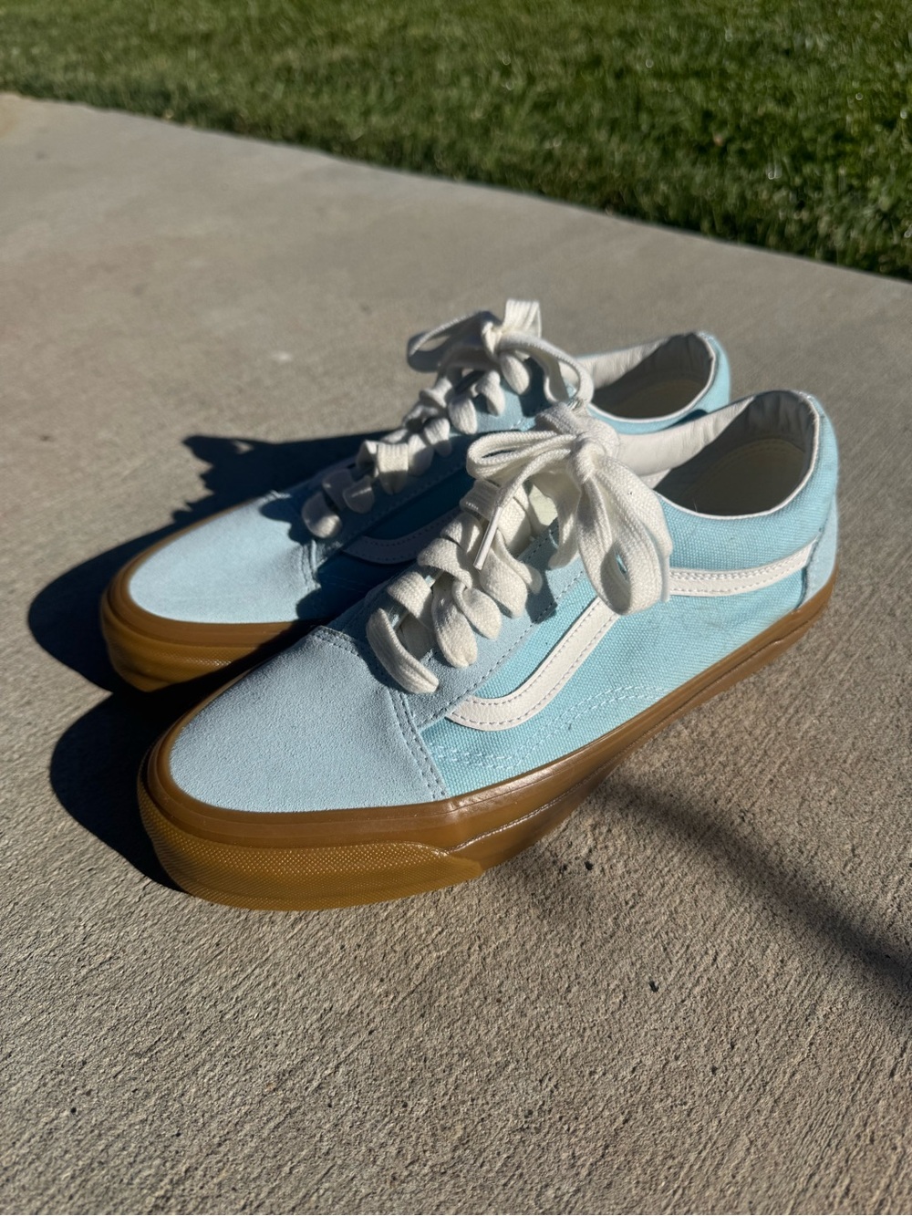 Vans Light Blue Suede Old Skool with Gum Sole and White Stripe